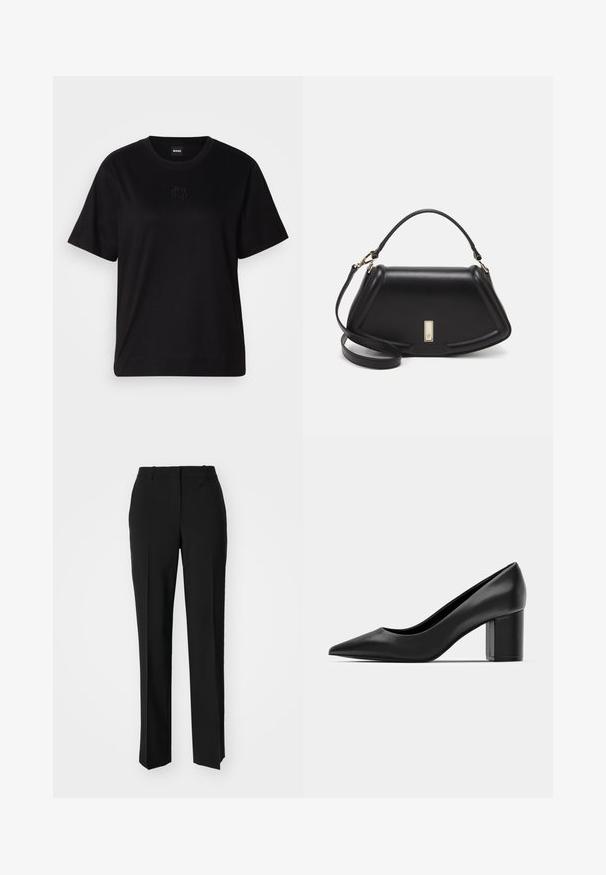 Črna bombažna majica s krožnim izrezom, kratkimi rokavi in izvezenim logotipom na prsih. Preprosta, sproščena silhueta brez vzorcev.; Črne krojene hlače s direktnim krojem, ki se ponašajo z gladko teksturo in ostrimi pregibi spredaj. Ni vidne kovine.; Črne usnjene pete z ostrim nosom in masivnim kvadrataškim peto. Gladka textura, preprost dizajn, primeren za formalne priložnosti.; Črna usnjena torbica s strukturnim dizajnom, ki ima skrajšano obliko, zgornji ročaj in zlate dodatke. Vključena je nastavljiva ramenska naramnica.
