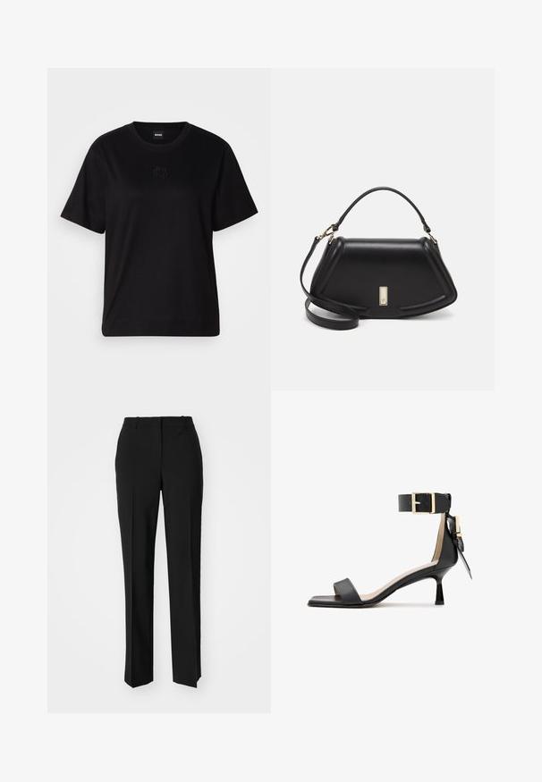 Sort bomulds t-shirt med rund halsudskæring, korte ærmer og et broderet logo på brystet. Enkel, afslappet pasform uden mønstre.; Sorte skræddersyede bukser med lige ben-design, der har en glat tekstur og skarpe folder langs fronten. Ingen synlige hardware.; Sort læder hælede sandaler med firkantet tå, ankelrem med en guldbuckle og en smal hæl. Glat tekstur, minimalistisk design.; Sort læderhåndtaske med en struktureret design, der har en kortet form, tophåndtag og guld hardware-accenter. Justerbar skulderrem inkluderet.