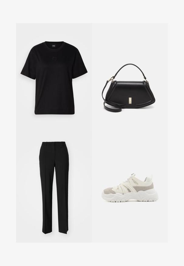 Black cotton t-shirt with a crew neckline, short sleeves, and an embroidered logo on the chest. Simple, relaxed fit with no patterns.; Black tailored trousers with a straight-leg design, featuring a smooth texture and crisp creases along the front. No visible hardware.; Patrizia Pepe RUNNING TECNICA - Trainers - total white; Black leather handbag with a structured design, featuring a cropped shape, top handle, and gold hardware accent. Adjustable shoulder strap included.