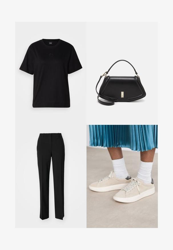 Crna pamučna majica s okruglim izrezom, kratkim rukavima i izvezenim logotipom na prsima. Jednostavan, opušten kroj bez uzorka.; Crne krojene hlače ravnog kroja, s glatkom teksturom i oštrim pregibima naprijed. Bez vidljivih metalnih dijelova.; Bež nubuk tenisice s bijelim gumenim potplatom i vezanjem. Akcentirane s teksturiranim crnim nastavkom na leđa. Nosene s bijelim rebrastim čarapama.; Crna kožna torba s strukturiranim dizajnom, s krojenim oblikom, gornjom drškom i zlatnim detaljima. Uključena je podesiva ramena traka.