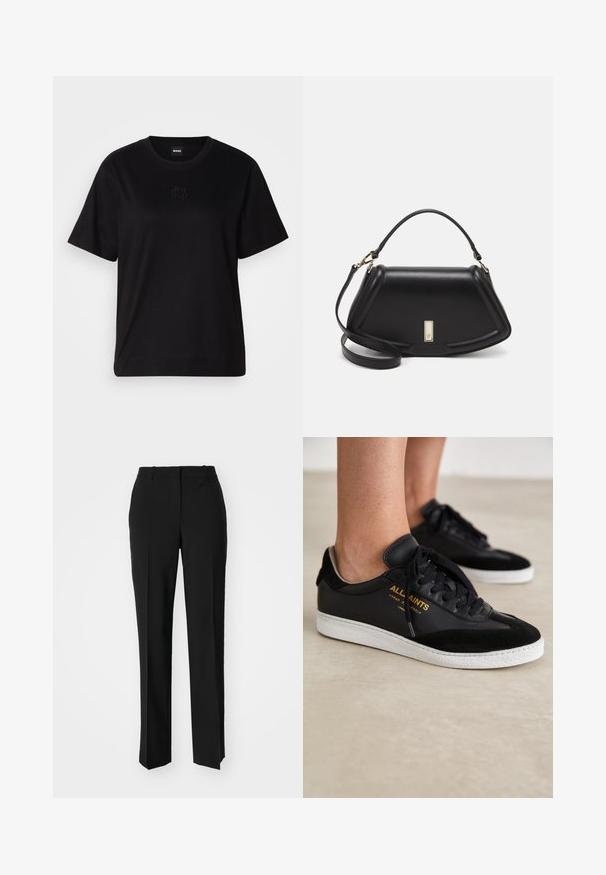 Fekete pamut póló kerek nyakkivágással, rövid ujjakkal és hímzett logóval a mellkasán. Egyszerű, laza szabás, minta nélkül.; Fekete, testhezálló nadrág egyenes szárú kivitelben, sima textúrával és éles redőkkel az elején. Nincs látható fémalkatrész.; Fekete bőr és velúr sneakers fehér gumitalppal. Jellemzője a tónusos fűző és az arany logó részlet az oldalon. Lapos dizájn.; Fekete bőr kézitáska, strukturált dizájnnal, rövidített formával, felső fogantyúval és arany színű kiegészítőkkel. Állítható vállpánt is tartozik hozzá.