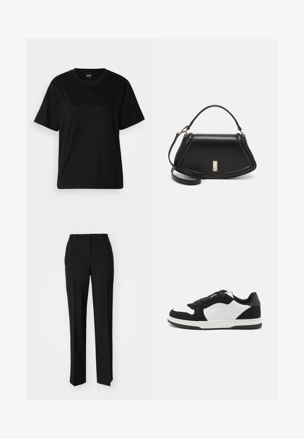 Black cotton t-shirt with a crew neckline, short sleeves, and an embroidered logo on the chest. Simple, relaxed fit with no patterns.; Black tailored trousers with a straight-leg design, featuring a smooth texture and crisp creases along the front. No visible hardware.; Black and white sneakers featuring a textured suede upper, smooth leather accents, round toe, and a rubber sole with a tread design.; Black leather handbag with a structured design, featuring a cropped shape, top handle, and gold hardware accent. Adjustable shoulder strap included.