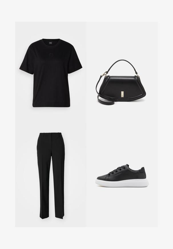 Czarny bawełniany t-shirt z okrągłym dekoltem, krótkimi rękawami i haftowanym logo na piersi. Prosty, luźny krój bez wzorów.; Czarne spodnie o dopasowanym kroju z prostymi nogawkami, o gładkiej fakturze i wyraźnych zagięciach z przodu. Bez widocznych elementów metalowych.; Calvin Klein CUPSOLE LACE UP czarny; Czarna skórzana torebka o strukturalnym designie, z przyciętą formą, górnym uchwytem i złotymi akcentami. W zestawie regulowany pasek na ramię.