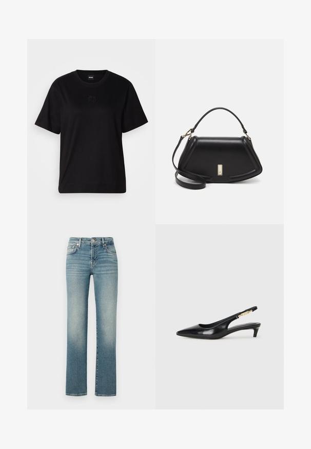 Black cotton t-shirt with a crew neckline, short sleeves, and an embroidered logo on the chest. Simple, relaxed fit with no patterns.; Blue denim jeans with a straight-leg cut, featuring faded areas, five-pocket design, and metal button closure at the waist.; Black leather slingback heels with a pointed toe, featuring a slim heel and a gold-tone accent on the adjustable strap. Smooth texture.; Black leather handbag with a structured design, featuring a cropped shape, top handle, and gold hardware accent. Adjustable shoulder strap included.