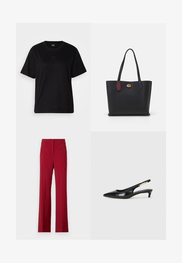 Black cotton t-shirt with a crew neckline, short sleeves, and an embroidered logo on the chest. Simple, relaxed fit with no patterns.; Red tailored pants with a straight-leg design, featuring front pockets and a smooth fabric texture. No visible fasteners or embellishments.; Black leather slingback heels with a pointed toe, featuring a slim heel and a gold-tone accent on the adjustable strap. Smooth texture.; Black leather tote bag with two long handles, textured finish, gold hardware, and a burgundy tag. Spacious design with an open top.