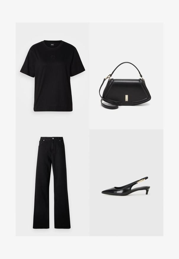 Camiseta de algodón negra con cuello redondo, mangas cortas y un logo bordado en el pecho. Ajuste simple y relajado sin patrones.; Jeans de pierna ancha negros fabricados en denim con diseño de cinco bolsillos, cierre frontal con botón y detalles de costura sutiles.; Tacones negros de piel sintética tipo slingback con punta afilada, que cuentan con un tacón delgado y un detalle en tono dorado en la correa ajustable. Textura suave.; Bolso de mano de cuero negro con un diseño estructurado, que presenta una forma recortada, asa superior y acentos en dorado. Correa de hombro ajustable incluida.
