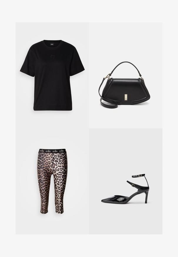 Sort bomulds t-shirt med rund halsudskæring, korte ærmer og et broderet logo på brystet. Enkel, afslappet pasform uden mønstre.; Afklippede leggings lavet af strækbart stof med et sort og guld leopardprint og et sort elastisk taljebånd.; Sorte laklæderhæle med spids tå, justerbare ankelstropper og en slank hæl. Glat tekstur med en skinnende finish.; Sort læderhåndtaske med en struktureret design, der har en kortet form, tophåndtag og guld hardware-accenter. Justerbar skulderrem inkluderet.
