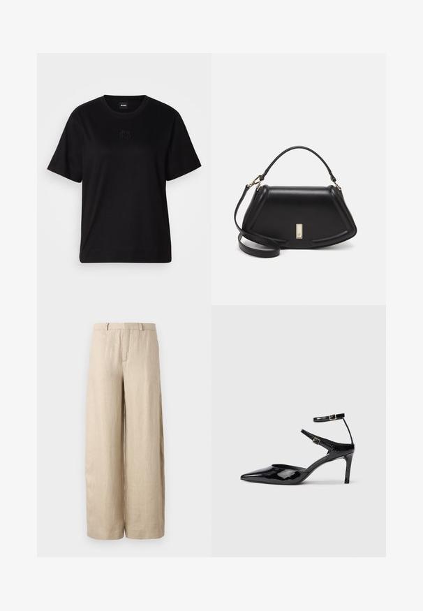 Black cotton t-shirt with a crew neckline, short sleeves, and an embroidered logo on the chest. Simple, relaxed fit with no patterns.; Beige, wide-leg trousers made of linen. Features a front crease, two side pockets, and a waistband with belt loops. Smooth texture.; Black patent leather heels with a pointed toe, adjustable ankle straps, and a slender heel. Smooth texture with a shiny finish.; Black leather handbag with a structured design, featuring a cropped shape, top handle, and gold hardware accent. Adjustable shoulder strap included.