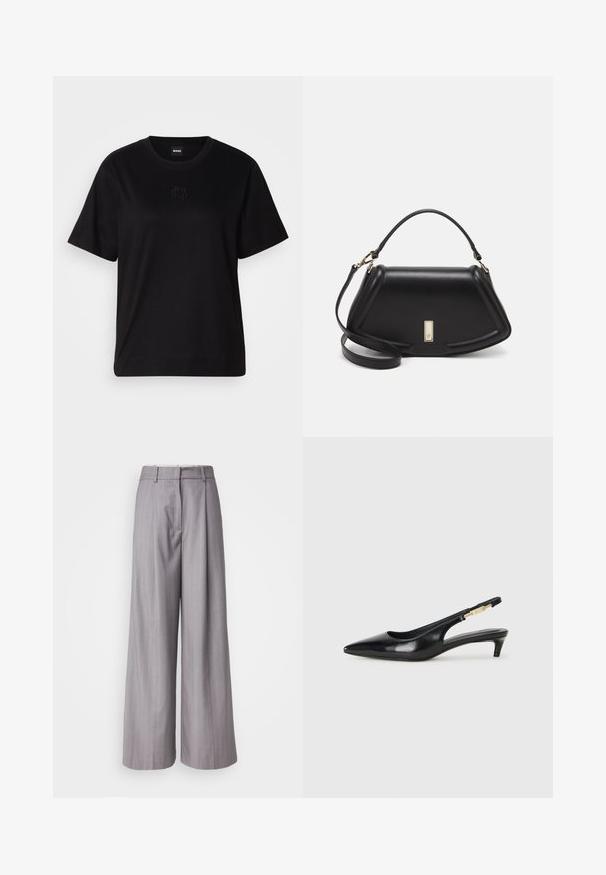 Zwarte katoenen t-shirt met een ronde hals, korte mouwen en een geborduurd logo op de borst. Eenvoudige, comfortabele pasvorm zonder patronen.; Grijze wijde benenbroek van textuurstof, met een subtiele streeppatroon en een voorplooien voor extra detail.; Zwarte leren slingback hakken met een spitse neus, voorzien van een slanke hak en een goudkleurige accent op de verstelbare band. Gladde textuur.; Zwarte leren handtas met een gestructureerd ontwerp, featuring een verkorte vorm, bovenhandvat en gouden hardwareaccent. Inclusief verstelbare schouderband.