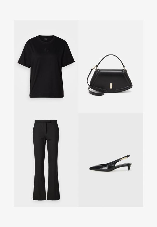 Black cotton t-shirt with a crew neckline, short sleeves, and an embroidered logo on the chest. Simple, relaxed fit with no patterns.; Black flared trousers made of a woven fabric. Features a flat front with a waistband and a smooth texture. No visible hardware or patterns.; Black leather slingback heels with a pointed toe, featuring a slim heel and a gold-tone accent on the adjustable strap. Smooth texture.; Black leather handbag with a structured design, featuring a cropped shape, top handle, and gold hardware accent. Adjustable shoulder strap included.