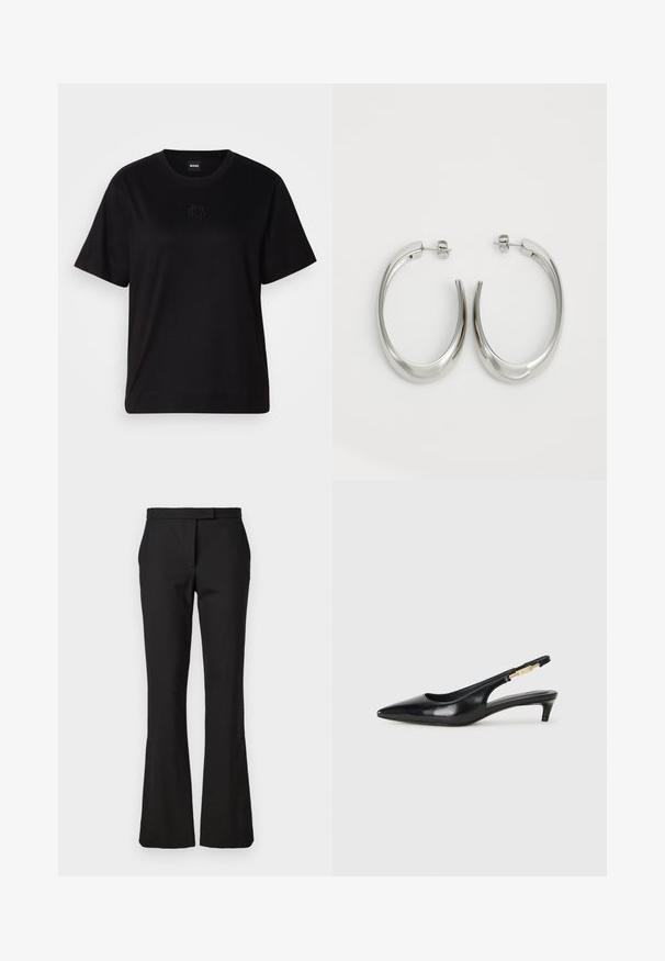 T-shirt en coton noir avec un col rond, des manches courtes et un logo brodé sur la poitrine. Coupe simple et décontractée sans motifs.; Pantalons évasés noirs en tissu tissé. Présentent un devant plat avec une taille et une texture lisse. Pas de matériel ou de motifs visibles.; Talons hauts en cuir noir avec un bout pointu, dotés d'un talon fin et d'un accent en ton or sur la lanière réglable. Texture lisse.; Boucles d'oreilles en argent avec un design lisse et courbé. Présentent une finition métallique brillante et une fermeture à clou. Pas de motifs ou d'accents visibles.