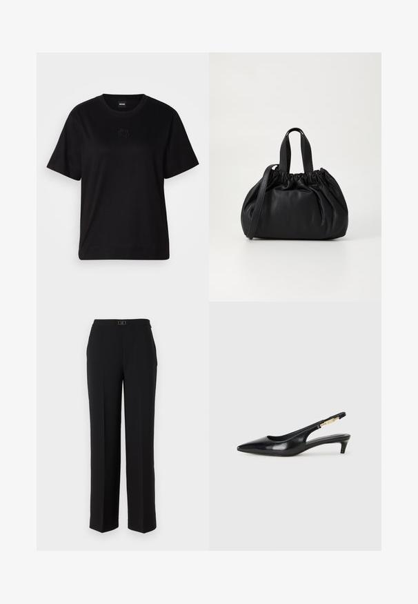 T-shirt negru din bumbac, cu guler rotund, mâneci scurte și un logo brodat pe piept. Design simplu, cu o croială relaxată și fără modele.; Pantaloni negri, croiți pe măsură, dintr-un material neted, având un design cu picioare drepte, o talie cu o cataramă decorativă din argint și fără modele vizibile.; Sandale slingback din piele neagră cu vârf ascuțit, având un toc subțire și un accent de culoare aurie pe curea ajustabilă. Textură netedă.; Geantă de mână din piele neagră cu un design cu partea superioară plisată, având două mânere scurte și o curea lungă ajustabilă. Textură netedă, formă rotunjită.