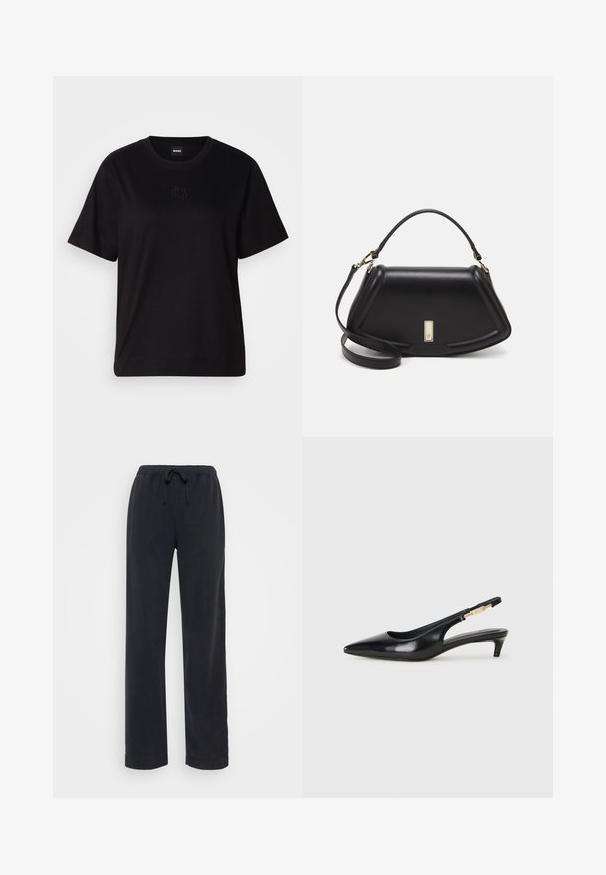 Svart bomull T-skjorte med rund hals, korte ermer og et brodert logo på brystet. Enkel, avslappet passform uten mønstre.; Sorte, løst sittende bukser laget av bomull, med elastisk midjebånd og justerbar snor. Rette ben med ingen synlige lommer eller dekorasjoner.; Sorte lærreim hæler med spiss tå, som har en slank hæl og en gullfarget detalj på den justerbare stroppen. Glatt tekstur.; Sort lærveske med en strukturert design, som har en avkortet form, topphåndtak og detaljer i gull. Justerbar skulderstropp inkludert.