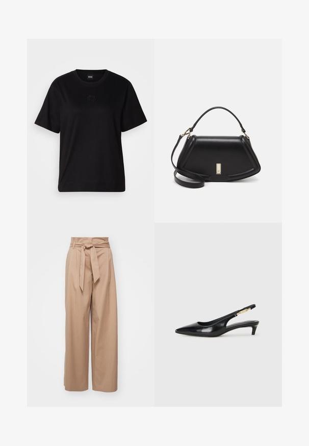 Black cotton t-shirt with a crew neckline, short sleeves, and an embroidered logo on the chest. Simple, relaxed fit with no patterns.; Beige high-waisted trousers with a wide leg design, fabric tie belt, and a smooth texture. Features belt loops and side pockets.; Black leather slingback heels with a pointed toe, featuring a slim heel and a gold-tone accent on the adjustable strap. Smooth texture.; Black leather handbag with a structured design, featuring a cropped shape, top handle, and gold hardware accent. Adjustable shoulder strap included.