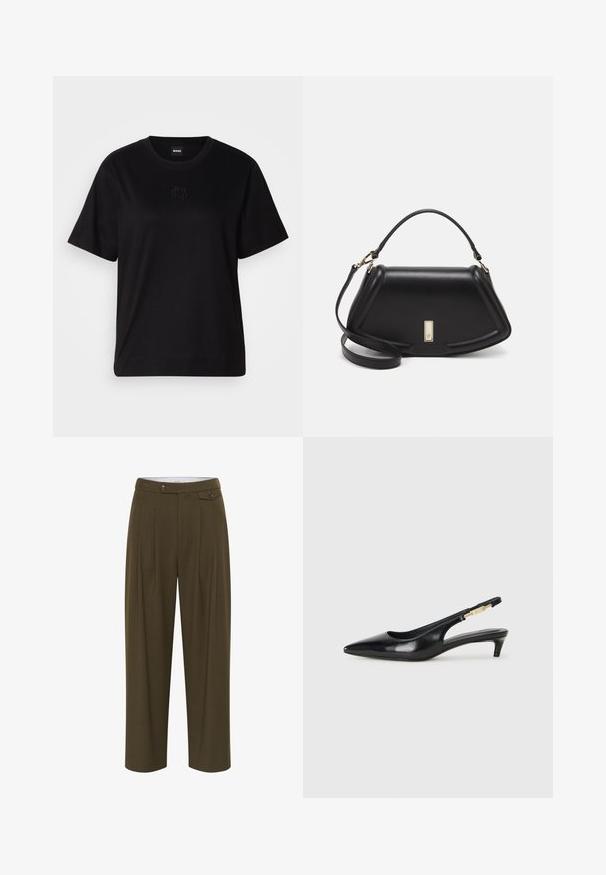 Černé bavlněné tričko s kulatým výstřihem, krátkými rukávy a vyšitým logem na hrudi. Jednoduchý, volný střih bez vzorů.; Olivově zelené kalhoty s vysokým pasem, s puky, rovného střihu, dvěma předními kapsami a knoflíkovým zapínáním.; Černé kožené boty na podpatku s otevřenou patou a špičatou špičkou, s tenkým podpatkem a zlatým akcentem na nastavitelném pásku. Hladký povrch.; Černá kožená kabelka se strukturovaným designem, jejíž tvar je zkrácený, má horní rukojeť a zlaté kovové detaily. Součástí je i nastavitelný ramenní popruh.