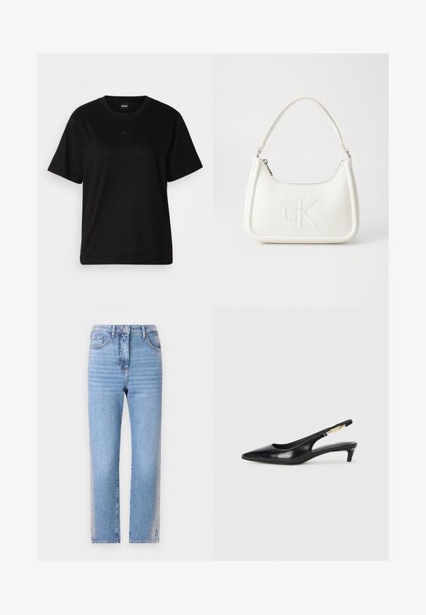 Melna kokvilnas T-krekls ar apaļu izgriezumu, īsām piedurknēm un izšūtu logotipu uz krūtīm. Vienkāršs, brīvs piegriezums bez rakstiem.; Gai zili džinsi ar taisnu griezumu, ar pogu un rāvējslēdzēju, pieciem kabatām un izbalējušu tekstūru uz kājām.; Melnas ādas slingback zābaki ar smailu purngalu, ar šauru papēdi un zelta krāsas akcentu uz regulējama siksniņas. Gluda tekstūra.; Balta ādas rokassoma ar noapaļotu formu, uz kuras priekšpuses ir izgriezts "CK" logo un viena plecu siksna. Augšā aizverama ar rāvējslēdzēju.