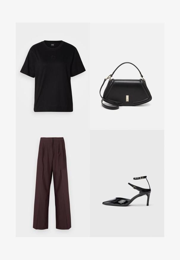 Zwarte katoenen t-shirt met een ronde hals, korte mouwen en een geborduurd logo op de borst. Eenvoudige, comfortabele pasvorm zonder patronen.; Wijde broekspijpen in een donkere bordeauxrode stof. Kenmerkt zich door een platte tailleband en voorste plooien. Glad textuur met een op maat gemaakte uitstraling.; Zwarte laarzen van gepatenteerd leer met een spitse neus, verstelbare enkelbandjes en een slanke hak. Gladde textuur met een glanzende afwerking.; Zwarte leren handtas met een gestructureerd ontwerp, featuring een verkorte vorm, bovenhandvat en gouden hardwareaccent. Inclusief verstelbare schouderband.