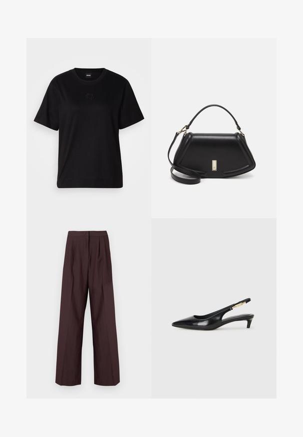 Melna kokvilnas T-krekls ar apaļu izgriezumu, īsām piedurknēm un izšūtu logotipu uz krūtīm. Vienkāršs, brīvs piegriezums bez rakstiem.; Platas kājas bikses tumši burgundijas krāsā. Tām ir plakana josta un priekšējie krokas. Gluda tekstūra ar piegriezuma dizainu.; Melnas ādas slingback zābaki ar smailu purngalu, ar šauru papēdi un zelta krāsas akcentu uz regulējama siksniņas. Gluda tekstūra.; Melnas ādas roku soma ar struktūru, ar īsu formu, augšējo rokturi un zelta aksesuāriem. Iekļauta regulējama plecu siksna.
