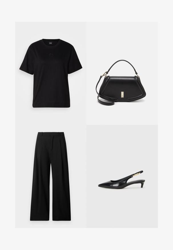T-shirt en coton noir avec un col rond, des manches courtes et un logo brodé sur la poitrine. Coupe simple et décontractée sans motifs.; Pantalons noirs à jambes larges en tissu lisse. Caractéristiques des plis à l'avant et une ceinture simple avec passants de ceinture. Pas de poches visibles.; Talons hauts en cuir noir avec un bout pointu, dotés d'un talon fin et d'un accent en ton or sur la lanière réglable. Texture lisse.; Sac à main en cuir noir avec un design structuré, featuring une forme cropped, une poignée supérieure et des accents en matériel doré. Bandoulière réglable incluse.