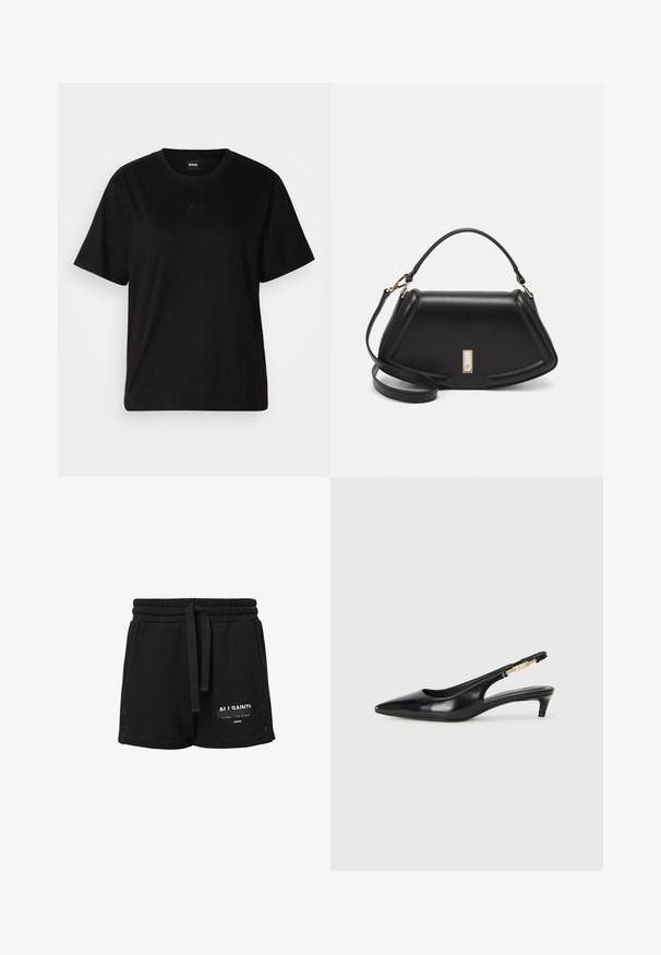 Black cotton t-shirt with a crew neckline, short sleeves, and an embroidered logo on the chest. Simple, relaxed fit with no patterns.; Black cotton shorts with an elastic waistband, drawstring, white logo detail, and snap accents on the sides. Smooth texture, casual design.; Black leather slingback heels with a pointed toe, featuring a slim heel and a gold-tone accent on the adjustable strap. Smooth texture.; Black leather handbag with a structured design, featuring a cropped shape, top handle, and gold hardware accent. Adjustable shoulder strap included.