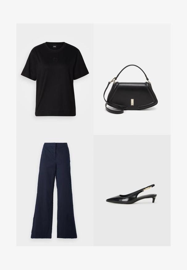 Melna kokvilnas T-krekls ar apaļu izgriezumu, īsām piedurknēm un izšūtu logotipu uz krūtīm. Vienkāršs, brīvs piegriezums bez rakstiem.; Tums vairoga zila krāsā, platās kājas bikses, kas izgatavotas no kokvilnas maisījuma auduma, ar gludu tekstūru, plakanu jostasvietu un apstrādātām malām.; Melnas ādas slingback zābaki ar smailu purngalu, ar šauru papēdi un zelta krāsas akcentu uz regulējama siksniņas. Gluda tekstūra.; Melnas ādas roku soma ar struktūru, ar īsu formu, augšējo rokturi un zelta aksesuāriem. Iekļauta regulējama plecu siksna.
