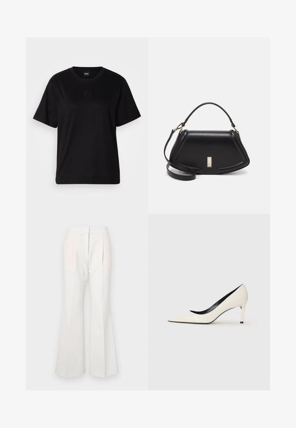 Camiseta de algodón negra con cuello redondo, mangas cortas y un logo bordado en el pecho. Ajuste simple y relajado sin patrones.; Pantalones acampanados blancos con una textura suave, que cuentan con pliegues en la parte delantera y paneles de tela en un tono más claro que contrastan sutilmente.; Bailarina de charol blanco con tacón alto, punta afilada, tacón delgado y detalles interiores en negro. Textura suave y diseño elegante.; Bolso de mano de cuero negro con un diseño estructurado, que presenta una forma recortada, asa superior y acentos en dorado. Correa de hombro ajustable incluida.