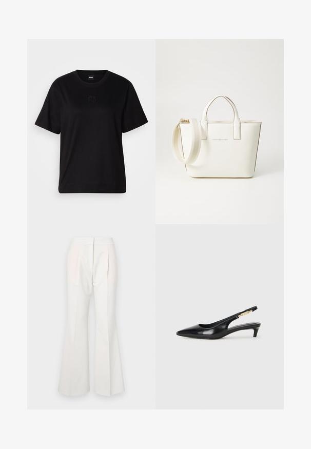 Svart bomull T-skjorte med rund hals, korte ermer og et brodert logo på brystet. Enkel, avslappet passform uten mønstre.; Hvite flagrende bukser med en glatt tekstur, som har legg foran og subtilt kontrasterende stoffpaneler i en lysere nyanse.; Sorte lærreim hæler med spiss tå, som har en slank hæl og en gullfarget detalj på den justerbare stroppen. Glatt tekstur.; Hvit imitert lær håndveske med korte håndtak, justerbar skulderstropp og gyllen maskinvare; har et subtilt logo på framsiden.
