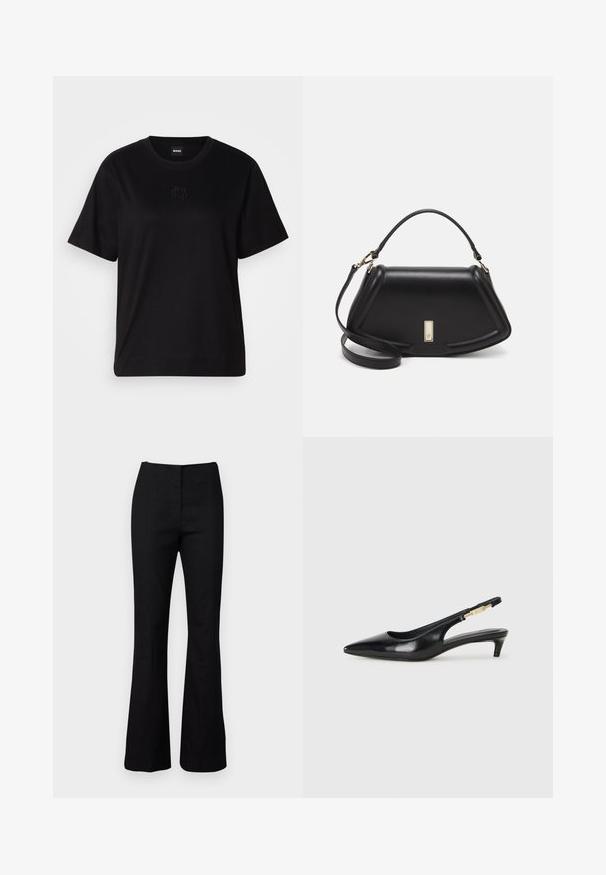 Black cotton t-shirt with a crew neckline, short sleeves, and an embroidered logo on the chest. Simple, relaxed fit with no patterns.; Black flared pants with a smooth texture and tailored fit. Features a high waist and minimalistic design. No visible patterns or hardware.; Black leather slingback heels with a pointed toe, featuring a slim heel and a gold-tone accent on the adjustable strap. Smooth texture.; Black leather handbag with a structured design, featuring a cropped shape, top handle, and gold hardware accent. Adjustable shoulder strap included.