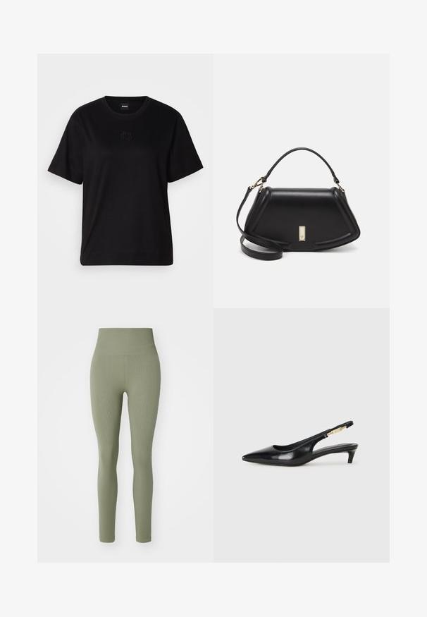 Black cotton t-shirt with a crew neckline, short sleeves, and an embroidered logo on the chest. Simple, relaxed fit with no patterns.; Björn Borg STUDIO SEAMLESS - Leggings - vetiver; Black leather slingback heels with a pointed toe, featuring a slim heel and a gold-tone accent on the adjustable strap. Smooth texture.; Black leather handbag with a structured design, featuring a cropped shape, top handle, and gold hardware accent. Adjustable shoulder strap included.
