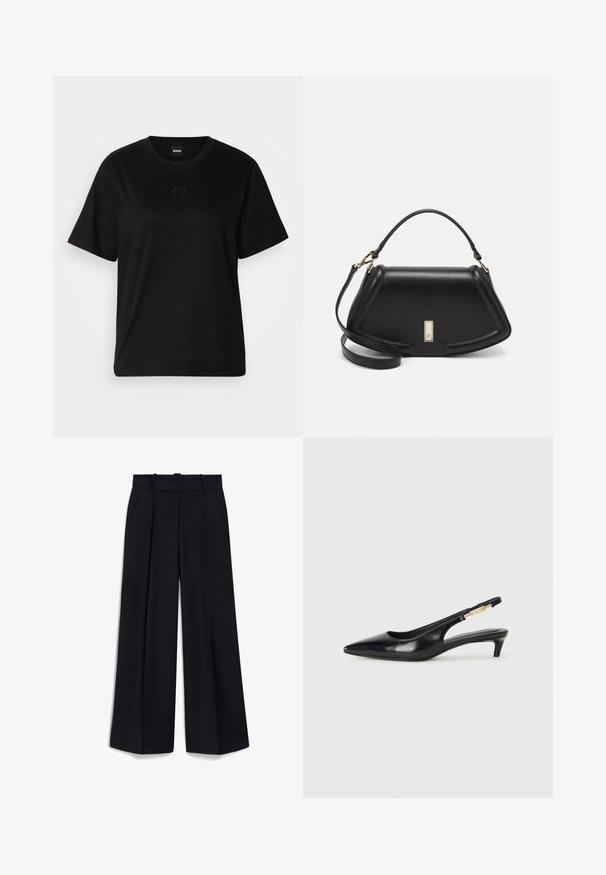 Schwarzes Baumwoll-T-Shirt mit Rundhalsausschnitt, kurzen Ärmeln und aufgesticktem Logo auf der Brust. Einfacher, lässiger Schnitt ohne Muster.; IVY OAK PRESCILLIA - Stoffhose - dark navy; Schwarze Leder-Slingback-Pumps mit spitzem Schuhblatt, ausgestattet mit einem schlanken Absatz und einem goldfarbigen Akzent am verstellbaren Riemen. Glatte Textur.; Schwarze Lederhandtasche mit einem strukturierten Design, das eine verkürzte Form, einen oberen Griff und goldfarbene Hardware-Details aufweist. Verstellbarer Schulterriemen ist enthalten.