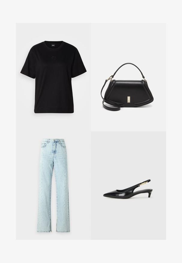 Camiseta de algodón negra con cuello redondo, mangas cortas y un logo bordado en el pecho. Ajuste simple y relajado sin patrones.; Vaqueros de denim azul claro con un diseño de pierna ancha, que presentan un patrón de rhinestones dispersos a lo largo de los lados y un ligero deshilachado en los dobladillos.; Tacones negros de piel sintética tipo slingback con punta afilada, que cuentan con un tacón delgado y un detalle en tono dorado en la correa ajustable. Textura suave.; Bolso de mano de cuero negro con un diseño estructurado, que presenta una forma recortada, asa superior y acentos en dorado. Correa de hombro ajustable incluida.