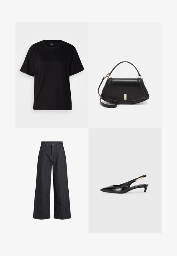 Black cotton t-shirt with a crew neckline, short sleeves, and an embroidered logo on the chest. Simple, relaxed fit with no patterns.; Calvin Klein WIDE ANKLE - Wide Leg - denim dark; Black leather slingback heels with a pointed toe, featuring a slim heel and a gold-tone accent on the adjustable strap. Smooth texture.; Black leather handbag with a structured design, featuring a cropped shape, top handle, and gold hardware accent. Adjustable shoulder strap included.