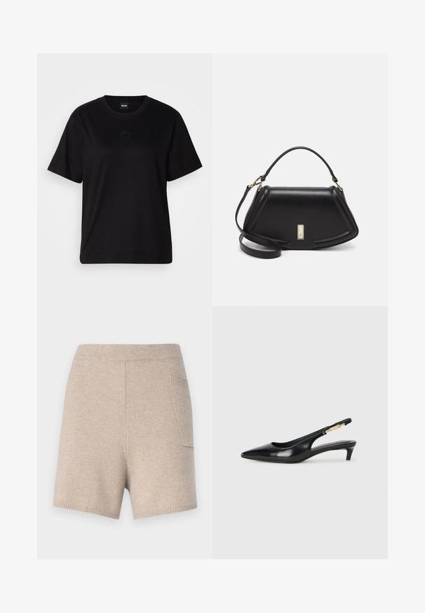 Melna kokvilnas T-krekls ar apaļu izgriezumu, īsām piedurknēm un izšūtu logotipu uz krūtīm. Vienkāršs, brīvs piegriezums bez rakstiem.; pure cashmere Šorti - camel; Melnas ādas slingback zābaki ar smailu purngalu, ar šauru papēdi un zelta krāsas akcentu uz regulējama siksniņas. Gluda tekstūra.; Melnas ādas roku soma ar struktūru, ar īsu formu, augšējo rokturi un zelta aksesuāriem. Iekļauta regulējama plecu siksna.