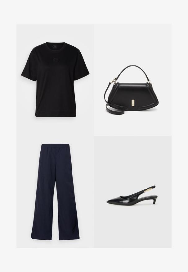 Svart bomull T-skjorte med rund hals, korte ermer og et brodert logo på brystet. Enkel, avslappet passform uten mønstre.; Bredde bukser i mørk marineblå, laget av et lett materiale med en glatt tekstur og en elastisk linning for komfort.; Sorte lærreim hæler med spiss tå, som har en slank hæl og en gullfarget detalj på den justerbare stroppen. Glatt tekstur.; Sort lærveske med en strukturert design, som har en avkortet form, topphåndtak og detaljer i gull. Justerbar skulderstropp inkludert.