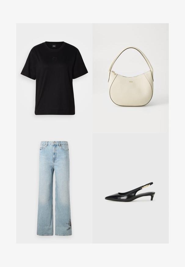 Svart bomull T-skjorte med rund hals, korte ermer og et brodert logo på brystet. Enkel, avslappet passform uten mønstre.; Lyseblå vide jeans laget av denim, med en falmet tekstur og blomsterbroderi detaljer på nedre venstre ben.; Sorte lærreim hæler med spiss tå, som har en slank hæl og en gullfarget detalj på den justerbare stroppen. Glatt tekstur.; Kremfarget håndveske med teksturert overflate, buet form, kort håndtak og gullfarget logo. Glidelås lukking på toppen.