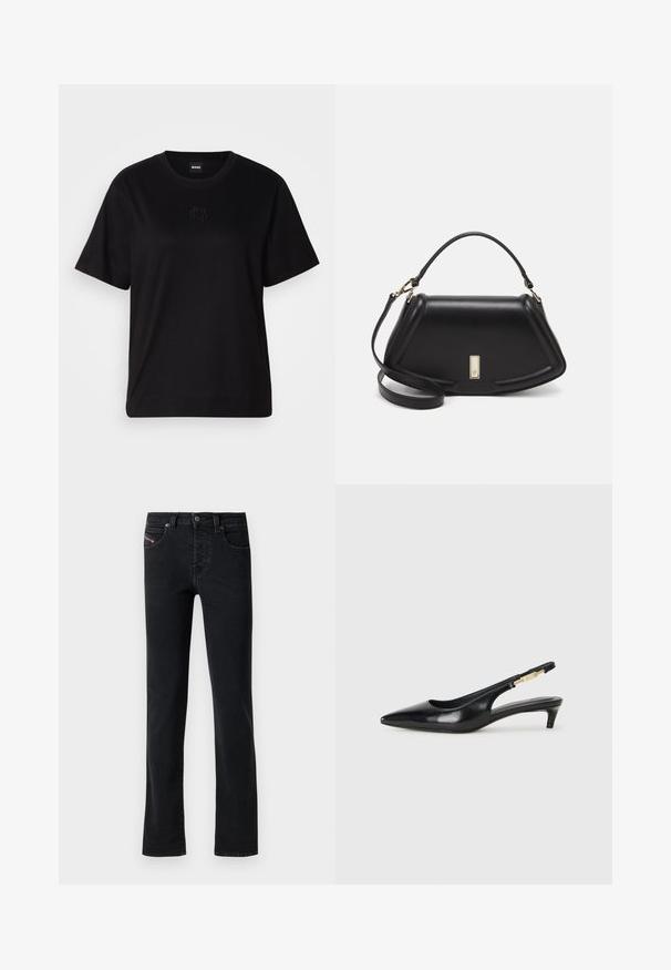 Black cotton t-shirt with a crew neckline, short sleeves, and an embroidered logo on the chest. Simple, relaxed fit with no patterns.; Black denim jeans with a straight cut, featuring five pockets and subtle stitching details. The fabric has a smooth texture and minimal fading.; Black leather slingback heels with a pointed toe, featuring a slim heel and a gold-tone accent on the adjustable strap. Smooth texture.; Black leather handbag with a structured design, featuring a cropped shape, top handle, and gold hardware accent. Adjustable shoulder strap included.