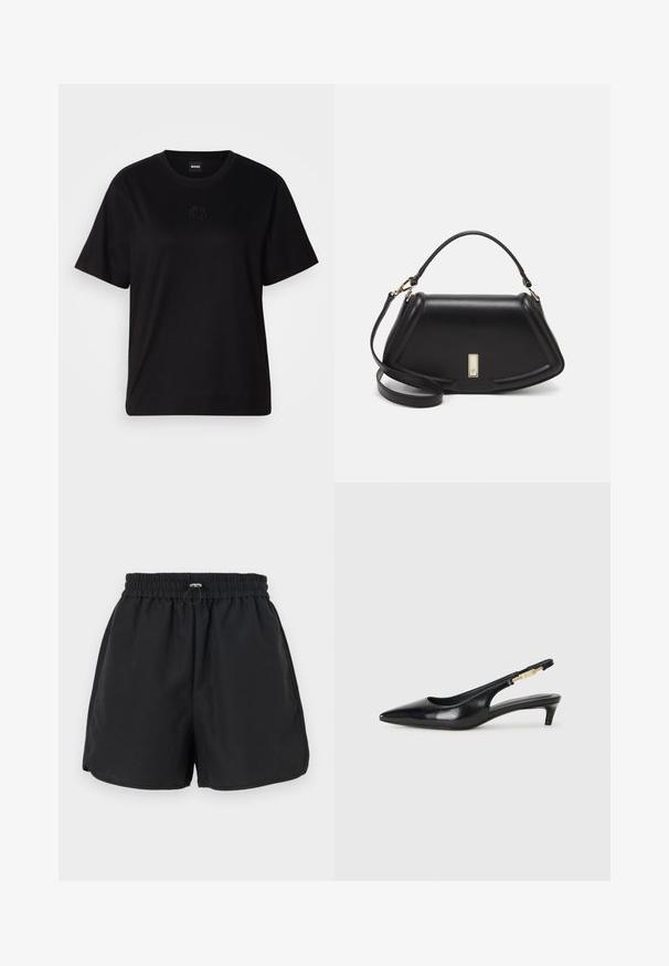 Svart bomull T-skjorte med rund hals, korte ermer og et brodert logo på brystet. Enkel, avslappet passform uten mønstre.; Svarte shorts med elastisk midje, snøring og sidespalter. Laget av lett stoff, som gir en avslappet passform.; Sorte lærreim hæler med spiss tå, som har en slank hæl og en gullfarget detalj på den justerbare stroppen. Glatt tekstur.; Sort lærveske med en strukturert design, som har en avkortet form, topphåndtak og detaljer i gull. Justerbar skulderstropp inkludert.