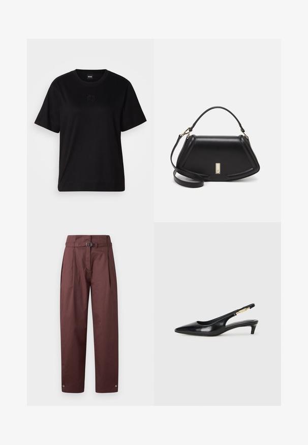 Black cotton t-shirt with a crew neckline, short sleeves, and an embroidered logo on the chest. Simple, relaxed fit with no patterns.; Maroon wide-leg trousers made of cotton with a belt at the waist, pleated front, and snaps at the ankle cuffs. Smooth texture, minimal design.; Black leather slingback heels with a pointed toe, featuring a slim heel and a gold-tone accent on the adjustable strap. Smooth texture.; Black leather handbag with a structured design, featuring a cropped shape, top handle, and gold hardware accent. Adjustable shoulder strap included.