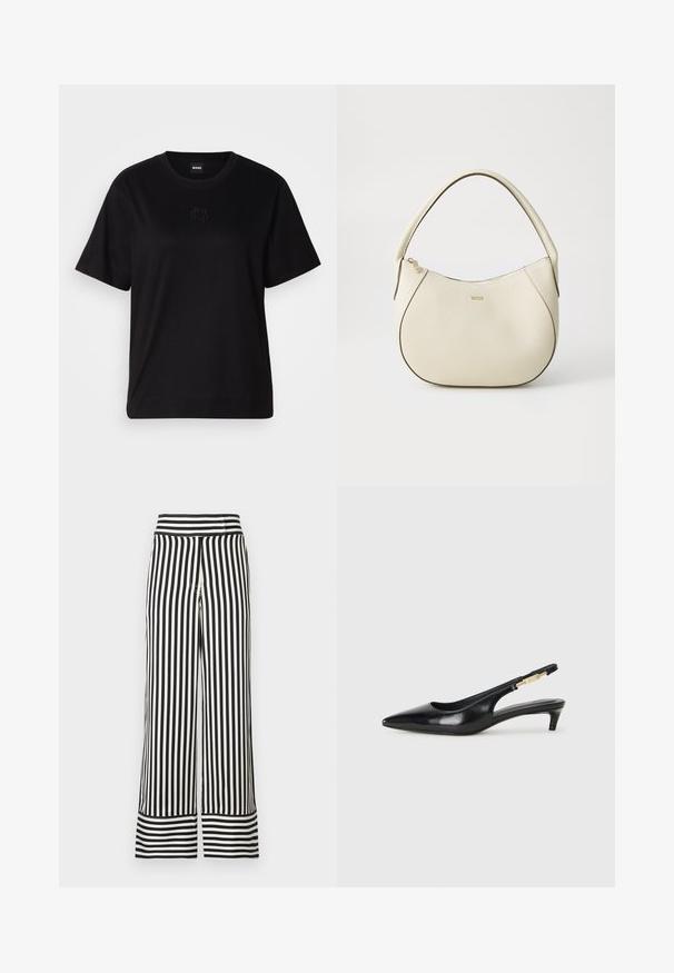 Mustmust särk, millel on ümar kaelus, lühikesed varrukad ja tindiga tikitud logo rinnal. Lihtne, mugav lõige ilma mustriteta.; Mustad jalad mustade ja valgete vertikaalsete triipudega, millel on kõrge talje ja kontrastne triibuline ääreosa. Sujuv, kerge kangas.; Mustad nahast slingback kontsad terava ninaga, millel on õhuke konts ja kuldse tooni aktsent reguleeritaval rihmal. Sile tekstuur.; Kreemivärvi käsipott, millel on tekstureeritud viimistlus, kumer kuju, lühike käepide ja kuldse tooniga logo detail. Ülemine lukustus.