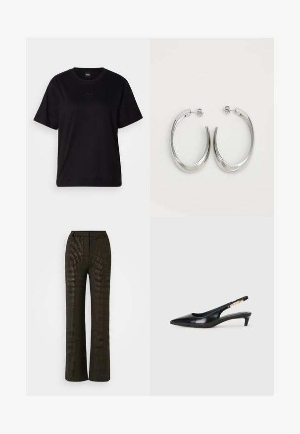 Musta puuvillapaita, jossa on pyöreä kaula-aukko, lyhyet hihat ja brodeerattu logo rinnassa. Yksinkertainen, rento istuvuus ilman kuvioita.; Valkoiset lahkeet tummanruskeissa housuissa, joissa on teksturoitu malli pienistä leikattujen muotojen kuvioista. Omaavat istuvan vyötärön ja saumattoman muotoilun, joka luo tyylikkään ilmeen.; Mustat nahkaiset slingback-korkokengät, joissa on terävä kärki, ohuet korot ja kultasävytteinen yksityiskohta säädettävässä hihnassa. Silkkinen pinta.; Hope hopeista, joissa on sileä, kaareva muotoilu. Varustettu kiiltävällä metallipinnoitteella ja nappikiinnityksellä. Ei näkyviä kuvioita tai koristeluja.