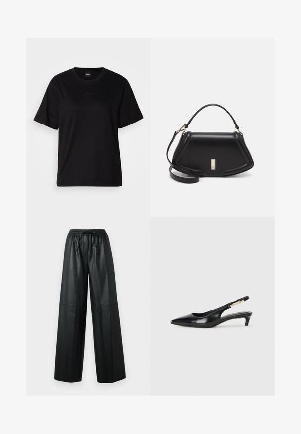 Maglietta in cotone nera con scollatura tonda, maniche corte e logo ricamato sul petto. Design semplice e vestibilità rilassata senza motivi.; Pantaloni amici in pelle nera con cintura elasticizzata, dettaglio con cordoncino e texture liscia. Presentano dettagli cuciti sul davanti.; Tacchi slingback in pelle nera con punta affusolata, caratterizzati da un tacco alto e un accento dorato sulla cinghia regolabile. Texture liscia.; Borsa a mano in pelle nera con un design strutturato, caratterizzata da una forma corta, manico superiore e accessori in metallo dorato. Inclusa tracolla regolabile.