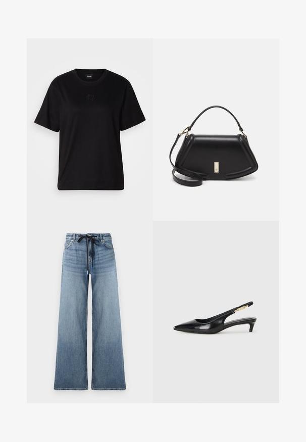 Svart bomullströja med rund halsringning, korta ärmar och en broderad logotyp på bröstet. Enkel, avslappnad passform utan mönster.; Breda denimjeans i ljusblått med en blekt yta. Har en justerbar midja med ett svart dragsnöre och traditionella fickor.; Svart läder slingback-hälar med spetsig tå, med en smal klack och en guldtonad detalj på den justerbara remmen. Slät textur.; Svart läderhandväska med en strukturerad design, som har en avskuren form, ett handtag upptill och guldiga detaljer. Justerbar axelrem ingår.