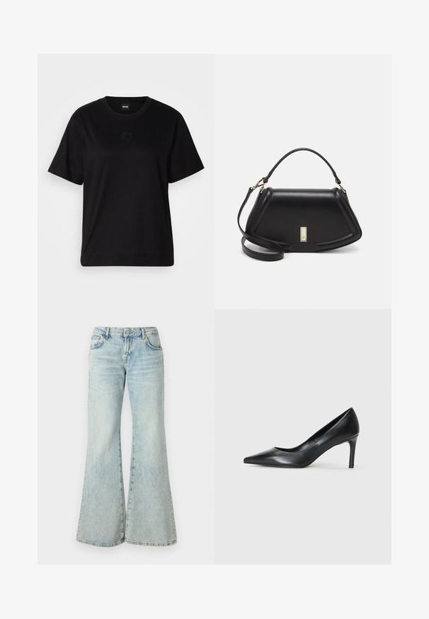 Svart bomullströja med rund halsringning, korta ärmar och en broderad logotyp på bröstet. Enkel, avslappnad passform utan mönster.; Ljusblå utsvängda jeans gjorda av denim, med hög midja, fickor och fransade kanter. Tyget visar en blekt tvätt och subtil textur.; Svarta läderpumps med spetsig tå och smal klack, slät textur och inga synliga dekorationer. Ren design med en minimalistisk estetik.; Svart läderhandväska med en strukturerad design, som har en avskuren form, ett handtag upptill och guldiga detaljer. Justerbar axelrem ingår.