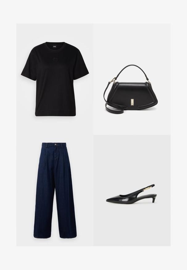 Musta puuvillapaita, jossa on pyöreä kaula-aukko, lyhyet hihat ja brodeerattu logo rinnassa. Yksinkertainen, rento istuvuus ilman kuvioita.; Tummansiniset farkut, joissa on leveät lahkeet ja korkea vyötärö, pleatattu etuosa sekä klassinen nappisulku. Niissä on sivutaskut ja kontrastiväriset tikkaus.; Mustat nahkaiset slingback-korkokengät, joissa on terävä kärki, ohuet korot ja kultasävytteinen yksityiskohta säädettävässä hihnassa. Silkkinen pinta.; Mustalla nahkalaukulla, jossa on jämäkkä muotoilu, lyhyt malli, yläkahva ja kultaiset yksityiskohdat. Säädettävä olkahihna sisältyy.