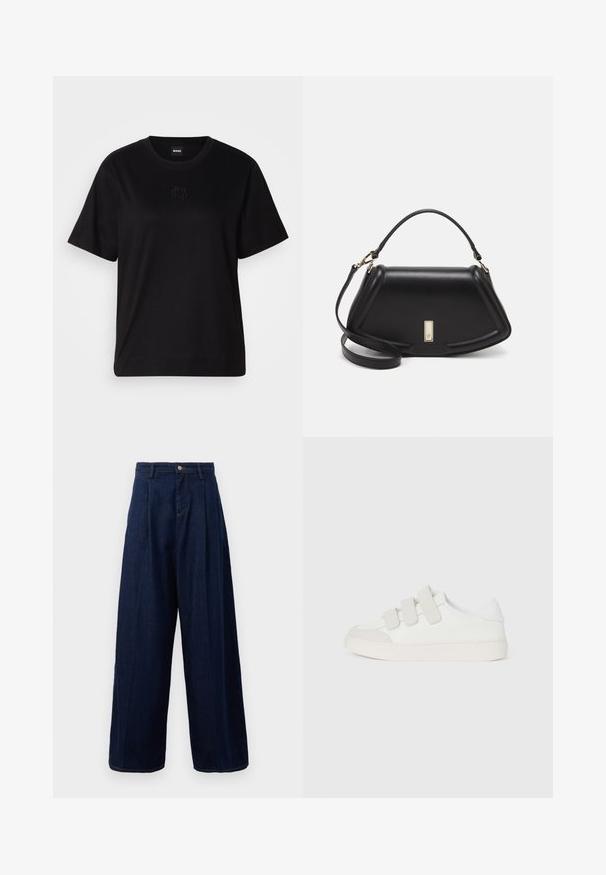 Black cotton t-shirt with a crew neckline, short sleeves, and an embroidered logo on the chest. Simple, relaxed fit with no patterns.; Dark blue denim wide-leg trousers with a high waist, pleated front, and classic button closure, featuring side pockets and contrasting stitching.; White sneaker with a smooth leather upper, three Velcro straps on the vamp, rounded toe, and a chunky light-colored rubber sole.; Black leather handbag with a structured design, featuring a cropped shape, top handle, and gold hardware accent. Adjustable shoulder strap included.