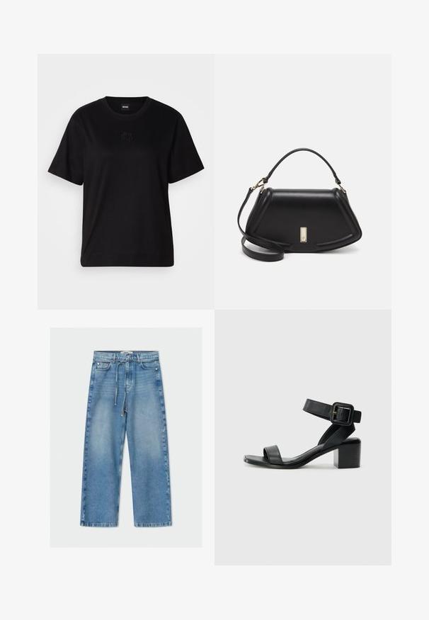 Black cotton t-shirt with a crew neckline, short sleeves, and an embroidered logo on the chest. Simple, relaxed fit with no patterns.; Light blue denim wide-leg jeans with a high waist, drawstring tie, five-pocket design, and raw hem detail.; Black leather heeled sandal with adjustable ankle strap, open toe design, and a square block heel. Smooth texture, minimalistic style.; Black leather handbag with a structured design, featuring a cropped shape, top handle, and gold hardware accent. Adjustable shoulder strap included.