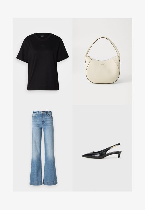 Melna kokvilnas T-krekls ar apaļu izgriezumu, īsām piedurknēm un izšūtu logotipu uz krūtīm. Vienkāršs, brīvs piegriezums bez rakstiem.; Gaiši zili denim flared džinsi ar augsto jostasvietu, ar pogu aizdari, piecām kabatām un kontrastējošu šuvju apmali.; Melnas ādas slingback zābaki ar smailu purngalu, ar šauru papēdi un zelta krāsas akcentu uz regulējama siksniņas. Gluda tekstūra.; Krēmkrāsas rokassoma ar teksturētu virsmu, izliekta forma, īss rokturis un zelta tonī logo detaļa. Vāciņš ar rāvējslēdzēju augšpusē.
