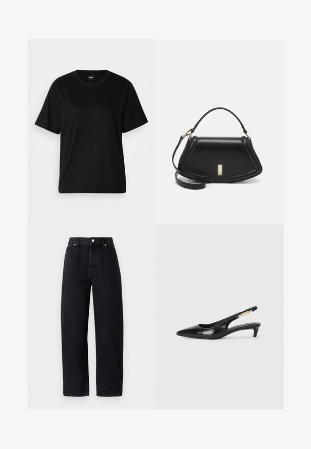 Black cotton t-shirt with a crew neckline, short sleeves, and an embroidered logo on the chest. Simple, relaxed fit with no patterns.; High-waisted, straight-leg black denim jeans with five pockets, metal rivets, and tonal stitching. Smooth texture, minimalistic design.; Black leather slingback heels with a pointed toe, featuring a slim heel and a gold-tone accent on the adjustable strap. Smooth texture.; Black leather handbag with a structured design, featuring a cropped shape, top handle, and gold hardware accent. Adjustable shoulder strap included.