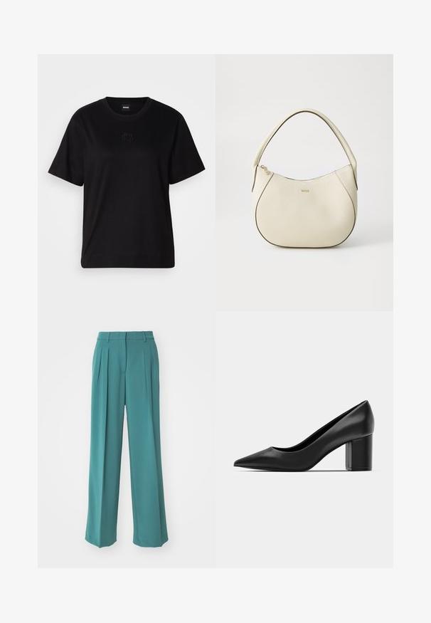 Mustmust särk, millel on ümar kaelus, lühikesed varrukad ja tindiga tikitud logo rinnal. Lihtne, mugav lõige ilma mustriteta.; Marc Cain Püksid - soft forest; Mustad nahast kontsad terava nina ja tülikesega ruudukujulise kontsaga. Sile tekstuur, lihtne disain, sobib ametlikeks üritusteks.; Kreemivärvi käsipott, millel on tekstureeritud viimistlus, kumer kuju, lühike käepide ja kuldse tooniga logo detail. Ülemine lukustus.