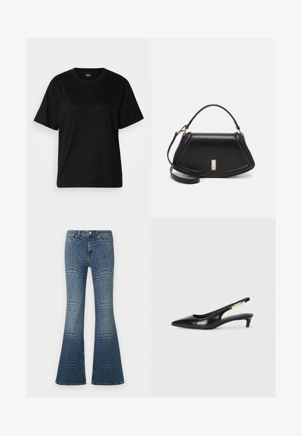 Camiseta de algodón negra con cuello redondo, mangas cortas y un logo bordado en el pecho. Ajuste simple y relajado sin patrones.; Vaqueros acampanados azules con un patrón repetido de logotipo "JOOP! JEANS" por toda la prenda y un diseño clásico de cinco bolsillos.; Tacones negros de piel sintética tipo slingback con punta afilada, que cuentan con un tacón delgado y un detalle en tono dorado en la correa ajustable. Textura suave.; Bolso de mano de cuero negro con un diseño estructurado, que presenta una forma recortada, asa superior y acentos en dorado. Correa de hombro ajustable incluida.